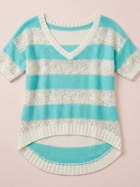 NWT Charlotte Russe Teal Striped Sequin V-Neck Knit Top